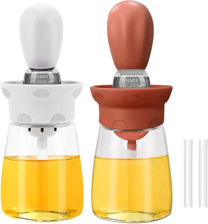 Oil Dispenser with Brush - 2 Pack Glass Olive Oil Dispenser Bottle for Kitchen with Silicone Basting Brush BBQ Grilling Baking Cooking, T-OB22, White+Red