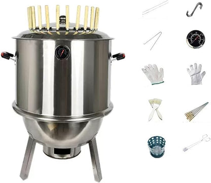 Vertical BBQ Smoker for Duck Chicken Stainless Steel Barbecue Grill with Various Accessories 360° Even Heating Independent Charcoal Bin Design for Duck, Chicken, Pigeon, Fish and Vegetables