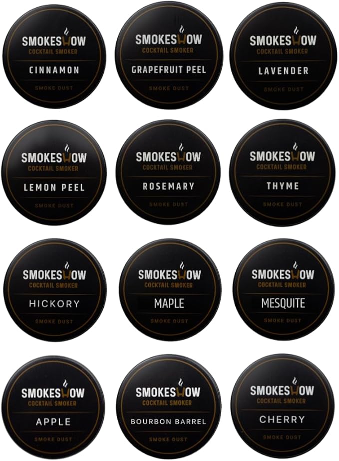 Wood Chips for Cocktail Smoker 4 oz tins. Apple, Hickory, Cherry, Bourbon Soaked Oak, Maple, Mesquite, Cinnamon, Thyme, Rosemary, Lemon Peel, Grapefruit Peel and Lavender (All 12 Flavors)