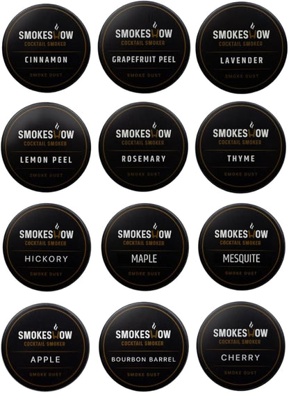Wood Chips for Cocktail Smoker 4 oz tins. Apple, Hickory, Cherry, Bourbon Soaked Oak, Maple, Mesquite, Cinnamon, Thyme, Rosemary, Lemon Peel, Grapefruit Peel and Lavender (All 12 Flavors)