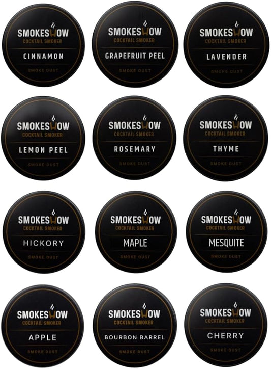 Wood Chips for Cocktail Smoker 4 oz tins. Apple, Hickory, Cherry, Bourbon Soaked Oak, Maple, Mesquite, Cinnamon, Thyme, Rosemary, Lemon Peel, Grapefruit Peel and Lavender (All 12 Flavors)