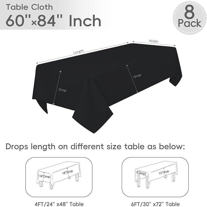 8 Pack Black Tablecloths 60 x 84 Inch Rectangle For 4 Foot Tables | Wrinkle Resistant, Washable Polyester Fabric, Rectangular Table Cloth for Wedding Party Banquet Buffet and Camping