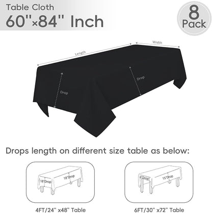 8 Pack Black Tablecloths 60 x 84 Inch Rectangle For 4 Foot Tables | Wrinkle Resistant, Washable Polyester Fabric, Rectangular Table Cloth for Wedding Party Banquet Buffet and Camping