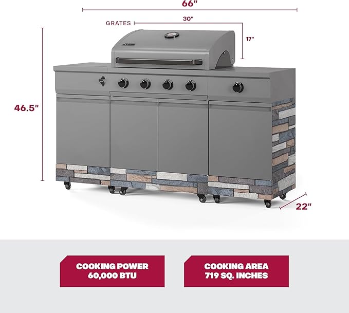 Tytus Fresno 5-Burner Propane or Natural Gas Island Grill – 864 sq. in. Cooking, 48,000 BTU Main + 12,000 BTU Side Burner, Porcelain Grates, Storage Cabinets, Semi-Portable - GM/Ash Stone Deluxe Kit