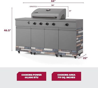 Tytus Fresno 5-Burner Propane or Natural Gas Island Grill – 864 sq. in. Cooking, 48,000 BTU Main + 12,000 BTU Side Burner, Porcelain Grates, Storage Cabinets, Semi-Portable - GM/Ash Stone Deluxe Kit