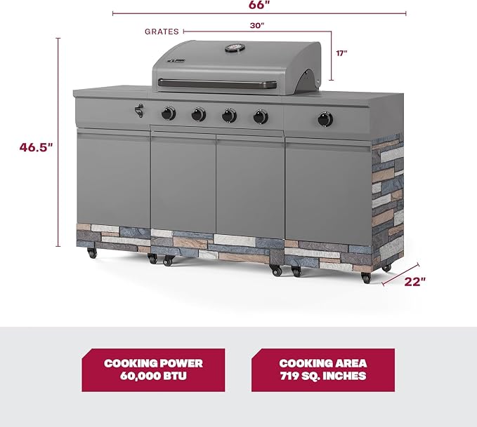 Tytus Fresno 66" 5-Burner Propane or Nat Gas Island Grill, 60K Total BTUs | Pre-assembled for fast install, 864 sq inch cooking area with Side Burner, Storage, Ice Bucket - Gunmetal / Ash Island