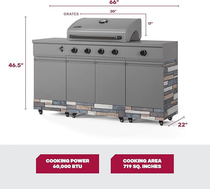 Tytus Fresno 66" 5-Burner Propane or Nat Gas Island Grill, 60K Total BTUs | Pre-assembled for fast install, 864 sq inch cooking area with Side Burner, Storage, Ice Bucket - Gunmetal / Ash Island