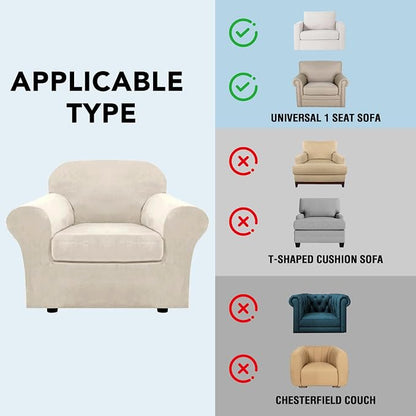 H.VERSAILTEX Rich Velvet Stretch 2 Piece Cover Chair Slipcover Sofa Cover Furniture Protector Couch Soft with Elastic Bottom Chair Couch Cover with Arms Width Up to 49 Inch(Chair, Ivory)