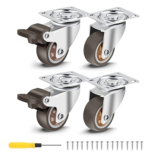 Nefish 1.5 Inch Caster Wheels Rubber Castor with Brake 360 Degree Rotation Top Plate Swivel Casters for Furniture, Table and Toolbox, 300 Pounds Capacity for Set of 4 (Free Screws and Screwdriver)