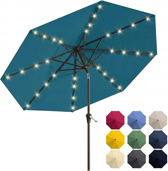 10FT Solar Patio Umbrella with Lights, Outdoor Table Market Umbrella with 32 LED Lights, 8 Sturdy Ribs, Push Button Tilt and Crank for Pool, Deck and Garden, UV-Resistant