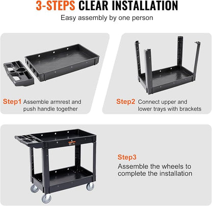 VEVOR Utility Service Cart, 2 Shelf 550LBS Heavy Duty Plastic Rolling Utility Cart, Medium Lipped Shelf, 360° Swivel Wheels, Ergonomic Storage Handle for Warehouse Garage, Black | Heavy Duty Rolling Cart with 360° Swivel Wheels, Medium Lipped Shelf, Er...