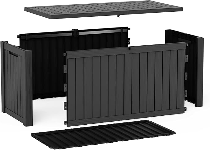 Pepe Tee Waterproof Resin Deck Box, Outdoor Storage Bin for Patio Furniture Cushions, All-Weather Garden Organizer & Seating Bench, Black