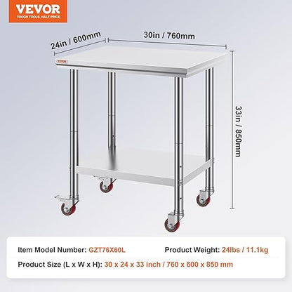 Vevor Stainless Steel Work Table with Wheels 24 x 30 x 32 Inch Prep Table with 4 Casters Heavy Duty Work Table for Commercial Kitchen Restaurant Business, Silver and Black : Industrial & Scientific