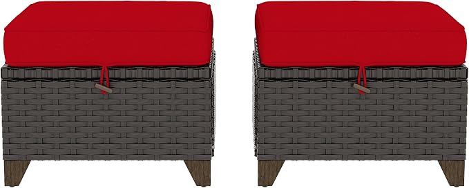 2 Pieces Patio Outdoor Ottomans with Removable and Washable Covers，PE Rattan Wicker Footstools for Porch, Garden, Sunroom (Red)