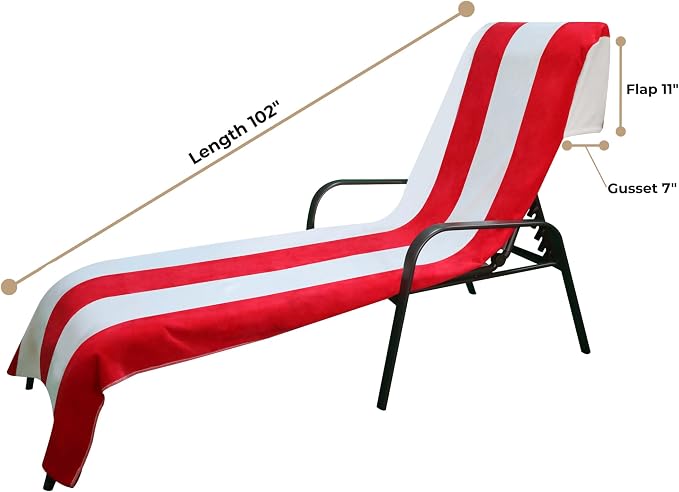 Superior Cabana Cotton Lounge Chair Cover, Outdoor Towel, Terry Cloth, Beach, Spa, Swim Accessories, Pool Chair Cover, Soft, Quick Drying, 32" x 102", Set of 2, Red