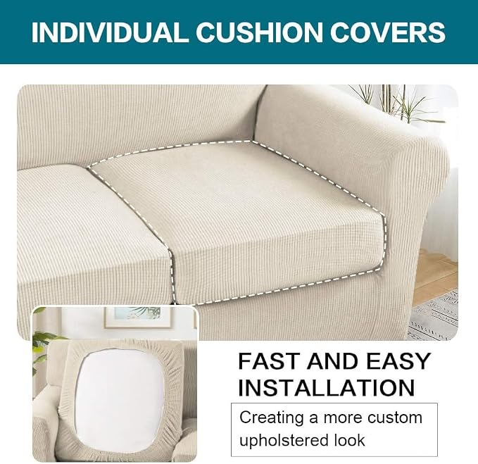 Turquoize 4 Piece Couch Cover Sofa Covers for 3 Cushion Couch Sofa Slipcovers Washable Sofa Cover for Dogs with Individual Couch Cushion Covers Feature Jacquard Fabric(3 Cushion Sofa, Biscotti Beige)