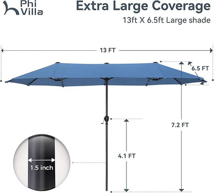 PHI VILLA 13ft Large Patio Umbrellas, Double-Sided Outdoor Market Rectangle Umbrella for Outside, Haze Blue