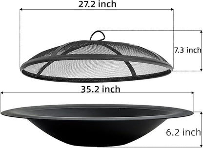 OutVue 35 inch Steel Fire Pit Bowl for DIY or Replacement Existing Fire Pits, Wood Burning Fire Pit Bowl with Spark Screen &Fire Poker, Fireplace for Backyard, Porch, Deck, Camping, BBQ(Smooth)