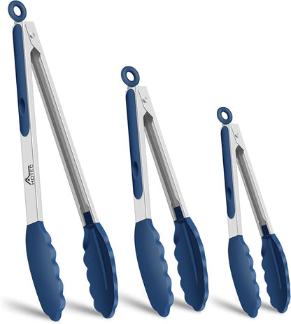 HOTEC Premium Stainless Steel Locking Kitchen Tongs with Silicon Tips, Set of 3-7", 9" and 12" (Classic Blue)