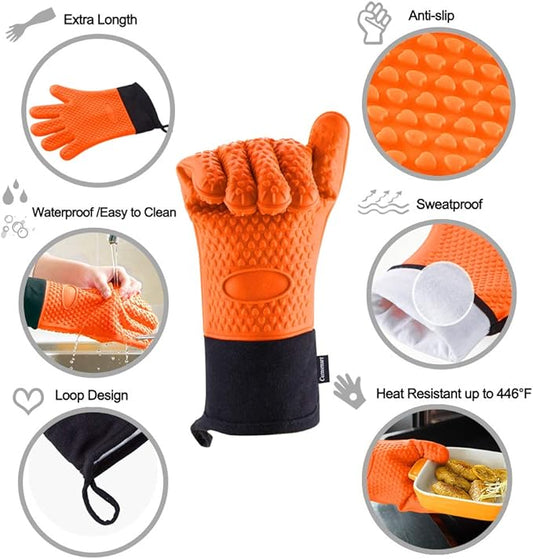 Comsmart BBQ Gloves, Heat Resistant Silicone Grilling Gloves, Long Waterproof BBQ Kitchen Oven Mitts with Inner Cotton Layer for Barbecue, Cooking, Baking, Smoker(Orange)