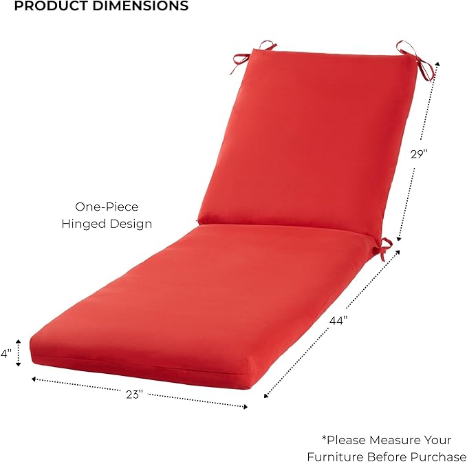 Modern Outdoor Chaise Lounge Cushion with Ties – Durable Polyester Fabric, Channel-Filled Polyfiber Insert, Removable Zippered Cover, Salsa Red