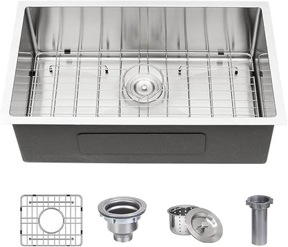 32 x 19 Inch Undermount Kitchen Bar Sink, Handmade Single Bowl 304 Stainless Steel Wet RV Sinks, Indoor and Outdoor Deep Kitchen Laundry Basin with Accessories