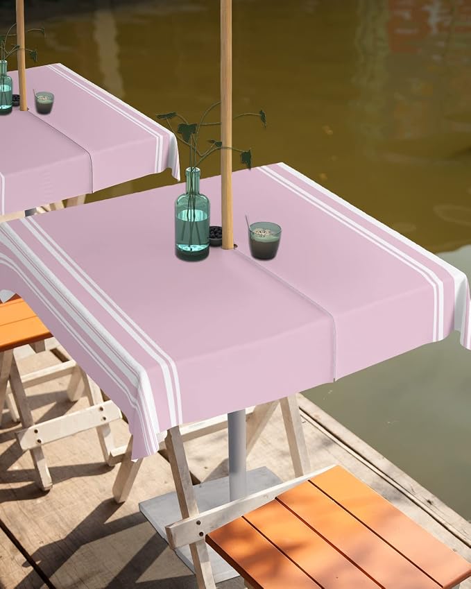 QueenKer Outdoor Tablecloth with Umbrella Hole, Farmhouse Pink White Stripe Square Tables Waterproof Tabletop Collection for Patio, Garden, Picnic, Camping, Dining 60 x 60 inch