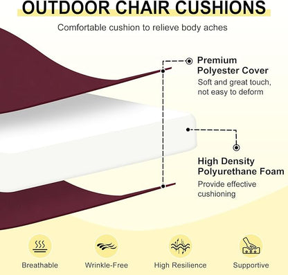 downluxe Outdoor Chair Cushions Set of 6 for Patio Furniture, Water-Resistant Square Corner Patio Chair Cushions with Ties, High Density Foam Outdoor Seat Cushion, 18.5" X 16" X 3", Burgundy