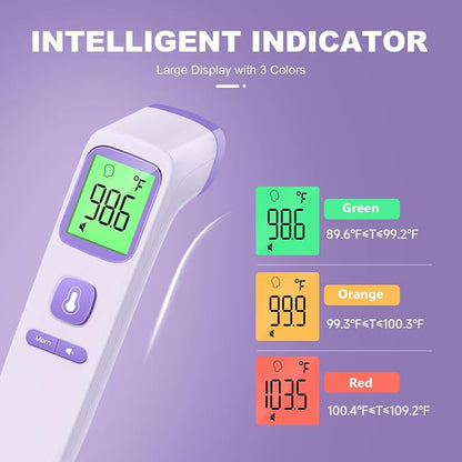 No-Touch Thermometer for Adults, Kids, Babies, 1-Sec Fast Accurate (Purple) | Fever Alarm, Large LCD with 3-Color Backlight, Silent Mode, 35-Reading Memory, Forehead & Object Mode, for Home & Clinic