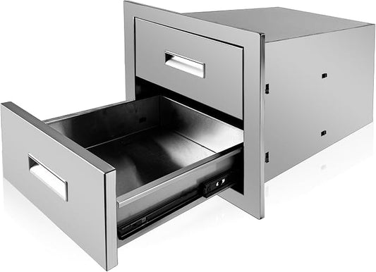 Outdoor Kitchen Double Layer Drawer 14'' W x 14.4'' H x 23'' D Flush Mount BBQ Access Drawers Stainless Steel BBQ Island Drawers with Handle Suitable for Outdoor Kitchen Island Grill Station