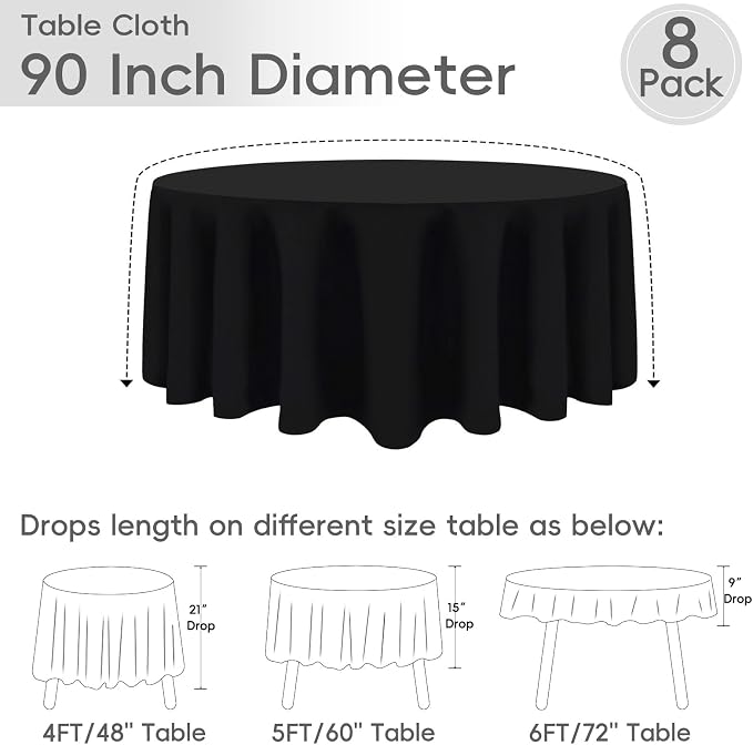 8 Pack Black Round Tablecloths 90 Inch | For 3Ft-5Ft Round Table, Wrinkle Resistant Table Cloth, Washable Polyester Fabric, For Wedding Party Banquet Buffet Camping