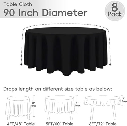 8 Pack Black Round Tablecloths 90 Inch | For 3Ft-5Ft Round Table, Wrinkle Resistant Table Cloth, Washable Polyester Fabric, For Wedding Party Banquet Buffet Camping