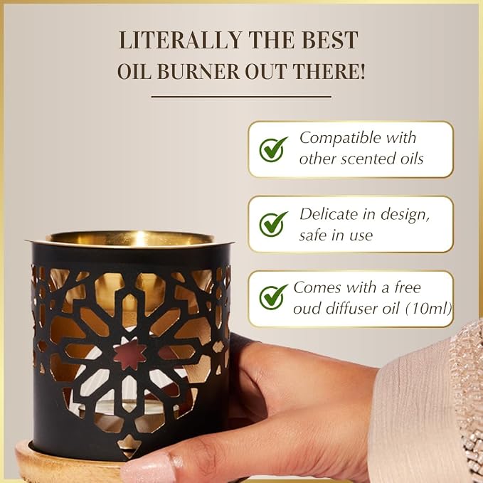 Oil Burner by Dukhni | Candle Diffuser & Free Oud Oil, Essential Oil Burner | Use for Fragrance Oil & Diffuser Oils | Home Aromatherapy, Stress Relief, Meditation, Massage & Islamic Gift for Women & Men