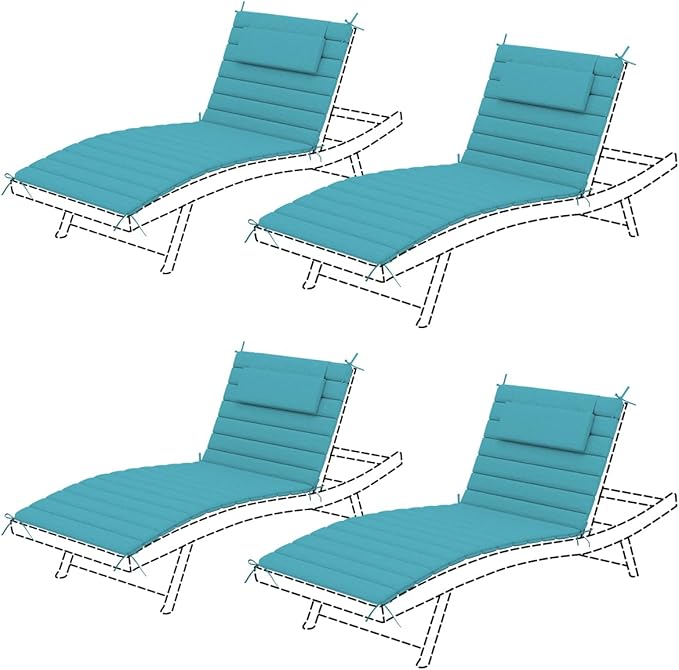 Sundale Outdoor Olefin Quilted Lounge Cushion Set of 4, Patio Foldable Chaise Lounger Cushion, Water-Resistant Lounge Chair Pad with Straps Teal, 72 x 21 inches