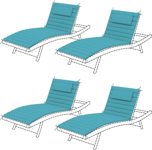 Sundale Outdoor Olefin Quilted Lounge Cushion Set of 4, Patio Foldable Chaise Lounger Cushion, Water-Resistant Lounge Chair Pad with Straps Teal, 72 x 21 inches