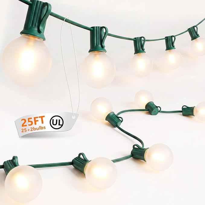 25FT G40 LED Frosted Outdoor String Lights, Globe String Lights with 27 Edison Shatterproof Bulbs(2 Spare), Decorative Lights for Bedroom Bistro Café Wedding, Warm White, Green Wire
