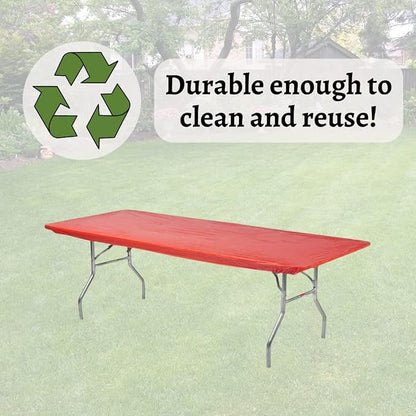 10 Pack of Rectangular Plastic Table Covers - 6' Foot or 8' Foot Options - Indoor or Outdoor Fitted Table Covers (Table NOT Included) (Red, 30" x 96" (8' ft))