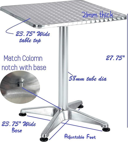 BTEXPERT Gray Lightweight Indoor Outdoor 23.75" Restaurant Stainless Steel Silver Metal Aluminum Slat Stack Commercial, 4 Chairs with a Square Table