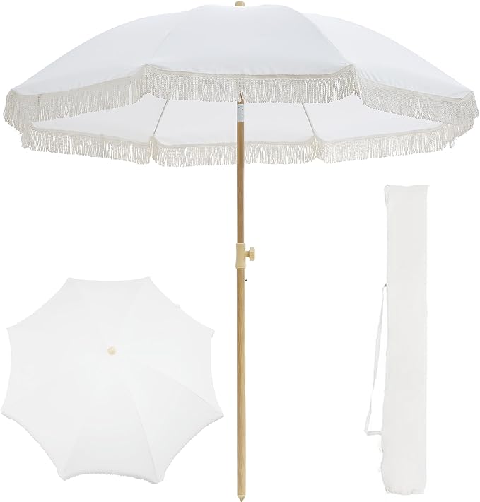 7FT Boho Patio Umberlla with Fringe,UPF50+ Outdoor Umbrella with Fiberglass Ribs and Push Button Tilt,Tassels Umbrella for Beach,Terrace,Picnic