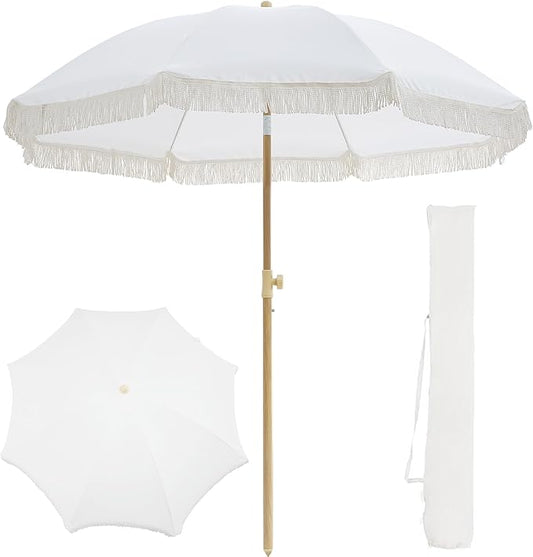 7FT Boho Patio Umberlla with Fringe,UPF50+ Outdoor Umbrella with Fiberglass Ribs and Push Button Tilt,Tassels Umbrella for Beach,Terrace,Picnic