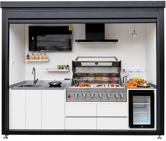 Sunnyjoy Modular Outdoor Kitchen MAX, Premium Aluminum Cabinet System-1 | Max roll-up shade version with grill, sink & storage, durable weather-resistant design, includes roll-up set for protection