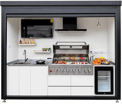 Sunnyjoy Modular Outdoor Kitchen MAX, Premium Aluminum Cabinet System-1 | Max roll-up shade version with grill, sink & storage, durable weather-resistant design, includes roll-up set for protection