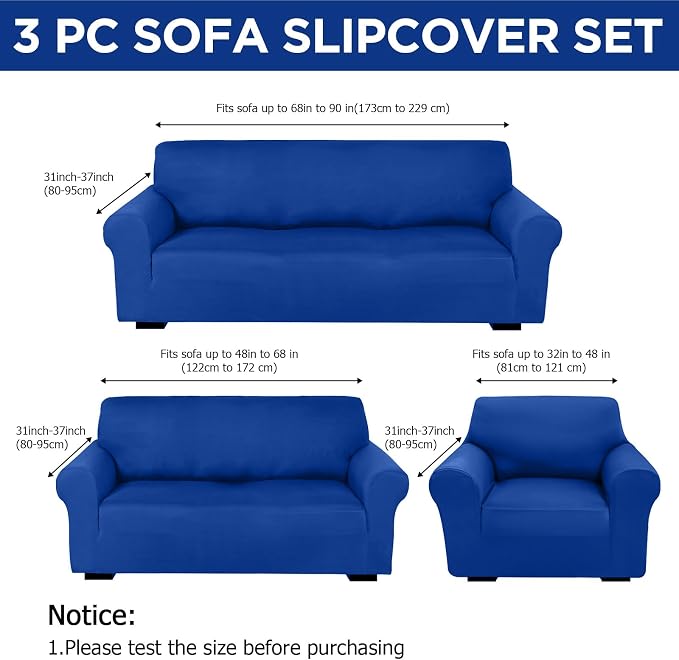 Peryiter 3 Pcs Couch and Loveseat Sofa Covers,Blue,Milk Silk | Armchair Covers for Living Room, Sofa Cushion Slipcover, Furniture Protector, Polyester and Spandex, Washable