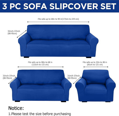 Peryiter 3 Pcs Couch and Loveseat Sofa Covers,Blue,Milk Silk | Armchair Covers for Living Room, Sofa Cushion Slipcover, Furniture Protector, Polyester and Spandex, Washable
