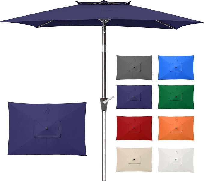 6.6 x 10 ft Rectangular Patio Umbrella, Outdoor Market Table Umbrella with Push Button Tilt and Crank, Double-Tier Vent, 6 Ribs, Rectangle Patio Umbrella for Backyard, Deck, Pool, Fits 4–6 Chairs and Tables (Navy)