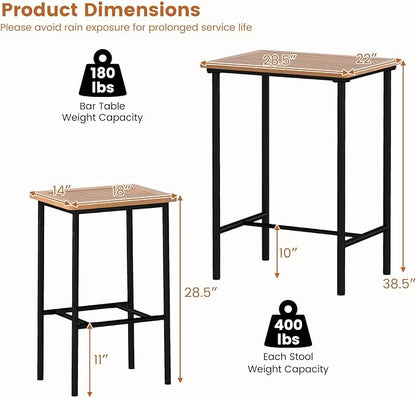 Tangkula 3 Pieces Acacia Wood Patio Bar Set, Space Saving Outdoor Bar Height Rectangular Table and Stools Set with Metal Frame, for Balcony, Deck and Backyard