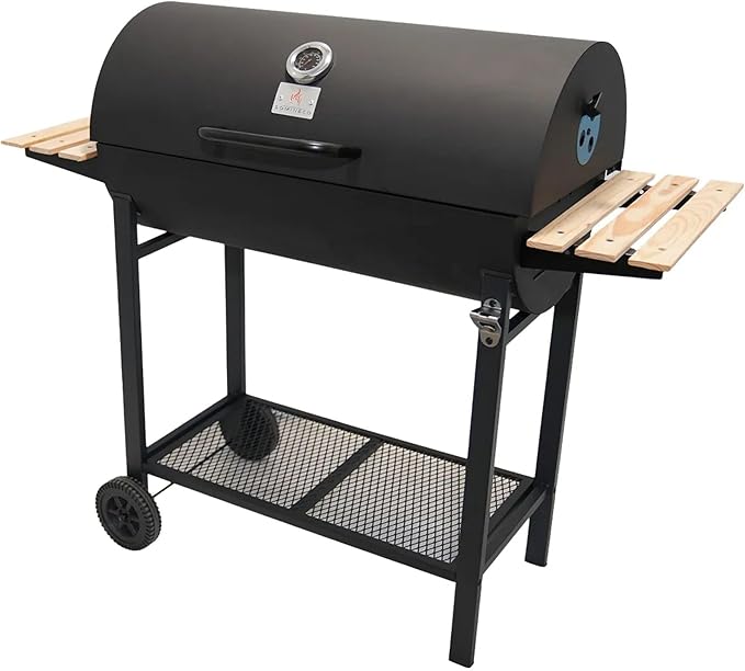 Charcoal Portable BBQ Grill with Wooden Shelf and Wheels, 49.2 in (125 cm) Wide