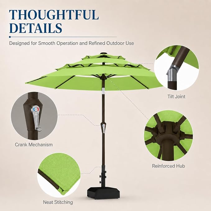 10ft Patio Umbrella, 3-Tier Vented Outdoor Table Umbrella with 8 Sturdy Fiberglass Ribs, Windproof Market Umbrella with Push Button Tilt and Crank, UV Protection for Deck, Pool, Apple Green