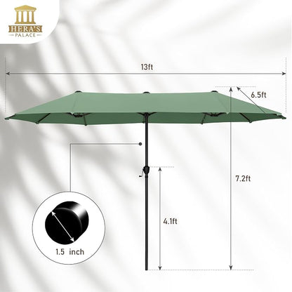 HERA'S PALACE 13 ft Large Patio Umbrella, Double-Sided Twin, Outdoor Market Umbrella with Crank Handle, Powerful UV Protective, Mint