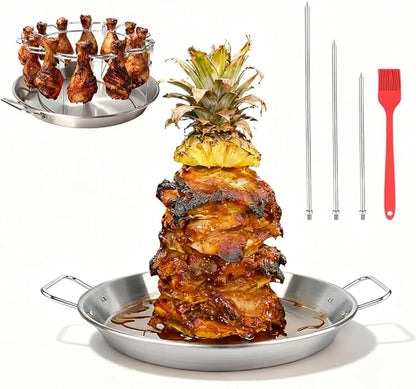 Vertical Skewer Gyro Spit Pan with Chicken Leg Rack for Grill, 13 Inch Stainless Steel-Shawarma Stand for Oven, Al Pastor Skewer with 8-12 Inch Sticks, for Tacos, Chicken Drumstick, Brazilian